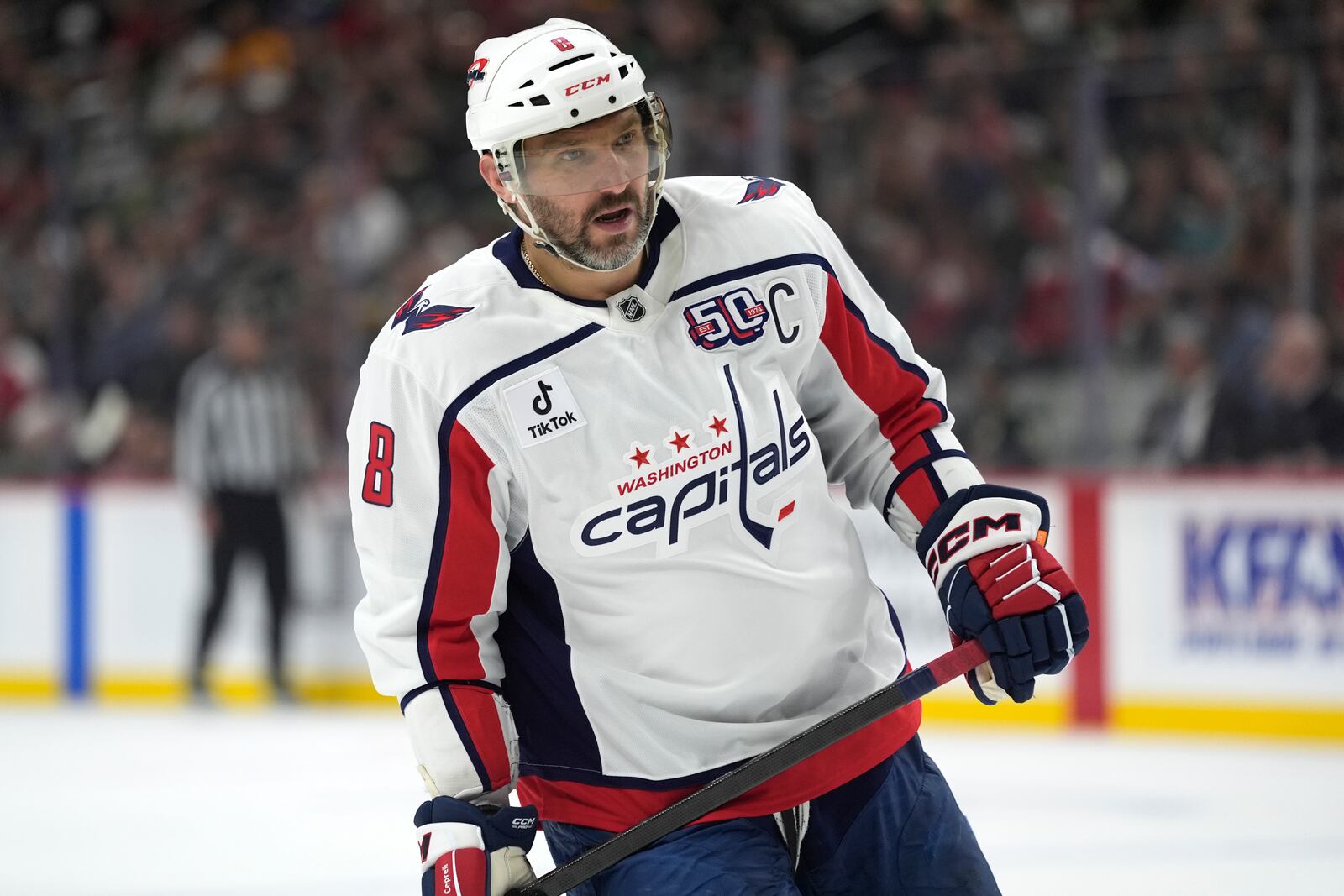 Washington Capitals left wing Alex Ovechkin (8) skates during the first period of an NHL hockey game against the Minnesota Wild, Thursday, March 27, 2025, in St. Paul, Minn. (AP Photo/Abbie Parr)