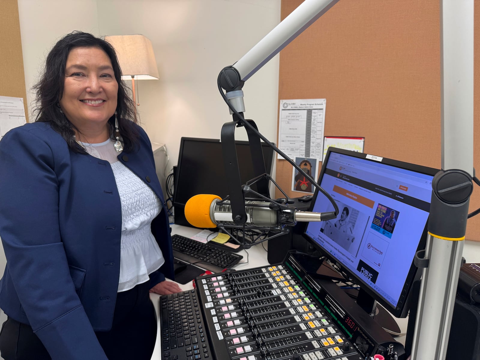 Jaclyn Sallee, president and chief operating for Koahnic Broadcast Corp., poses for a photo July 10, 2025, at the Anchorage, Alaska, studios of KBNA, the flagship station for National Native News. (AP Photo/Mark Thiessen)