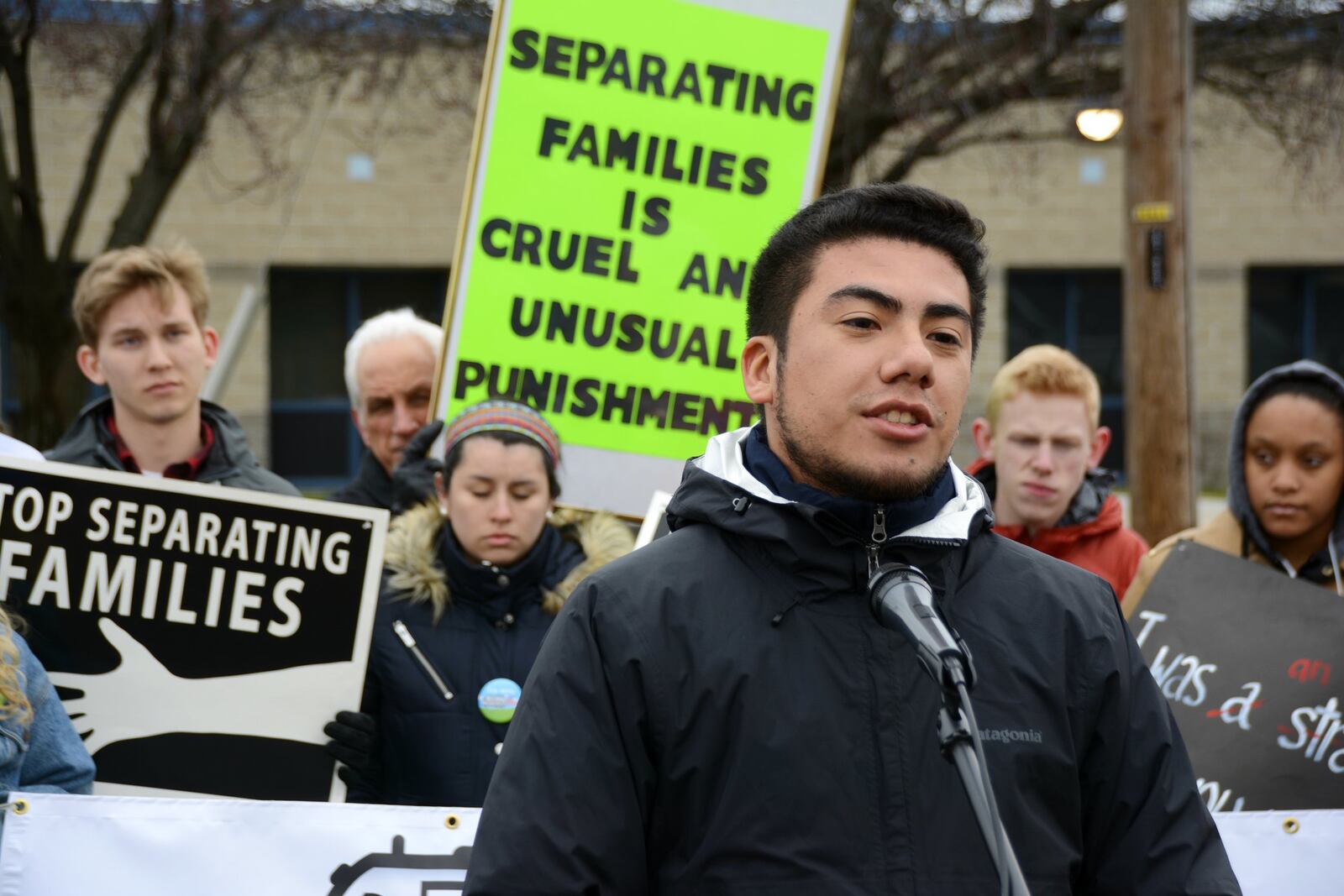 Jose Cabrera, 23, speaks on Tuesday, March 20, during a protest rally in front of the Butler County Jail about his experience as an undocumented immigrant who was brought to the United States from Mexico as a 4-year-old by his parents. He has been an activist for immigration reform, and sharing his story, since he was 13 years old. He was speaking during an Ohio Nuns on the Bus rally. MICHAEL D. PITMAN/STAFF