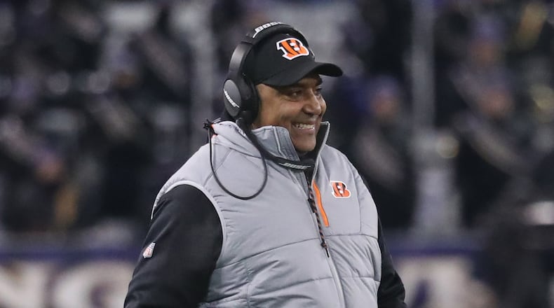 BALTIMORE, MD - DECEMBER 31: Head coach Marvin Lewis of the Cincinnati Bengals celebrates after a touchdown in the fourth quarter against the Baltimore Ravens at M&T Bank Stadium on December 31, 2017 in Baltimore, Maryland. (Photo by Rob Carr/Getty Images)