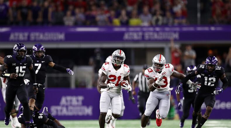 Ohio State’s Parris Campbell runs for a touchdown against the TCU Horned Frogs in the third quarter during The AdvoCare Showdown at AT&T Stadium on September 15, 2018 in Arlington, Texas. (Photo by Ronald Martinez/Getty Images)