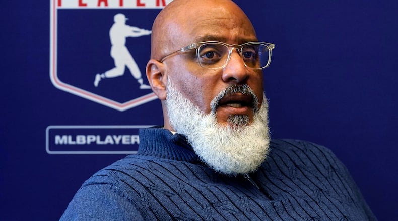 FILE - Major League Baseball Players Association Executive Director Tony Clark answers a question during a news conference in New York on March 11, 2022. (AP Photo/Richard Drew, File)