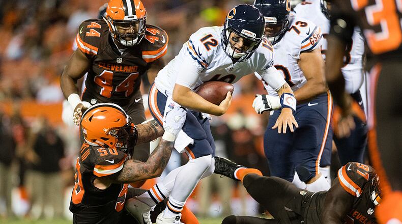 CLEVELAND, OH - SEPTEMBER 1: Inside linebacker Scooby Wright #50 of the Cleveland Browns sacks quarterback David Fales #12 of the Chicago Bears during the third quarter during a preseason game at FirstEnergy Stadium on September 1, 2016 in Cleveland, Ohio. The Bears defeated the Browns 21-7. (Photo by Jason Miller/Getty Images)