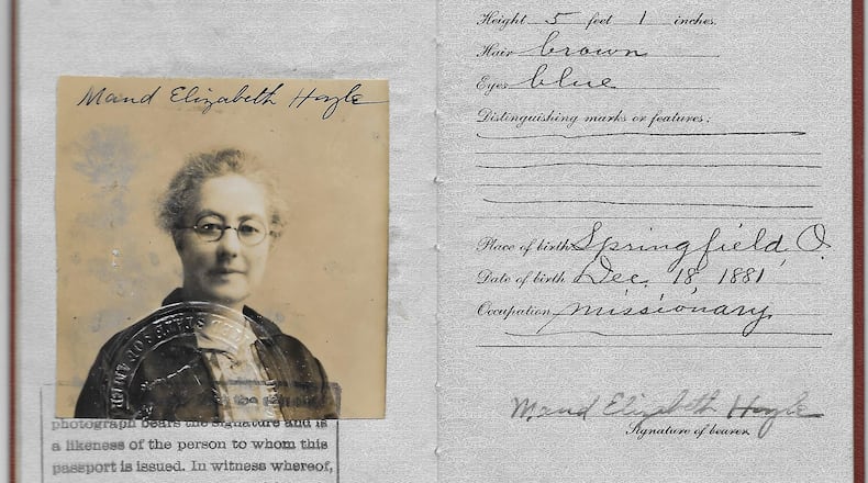 Maud Hoyle, founder of the Evangelical United Brethren Church on Columbus Avenue in Springfield, also served in as a missionary in West Africa in the 1920’s. She’s shown here in her 1927 passport. Photo courtesy of Michele Russo, author of “Beautiful Feet: The Story of Maud Elizabeth Hoyle”
