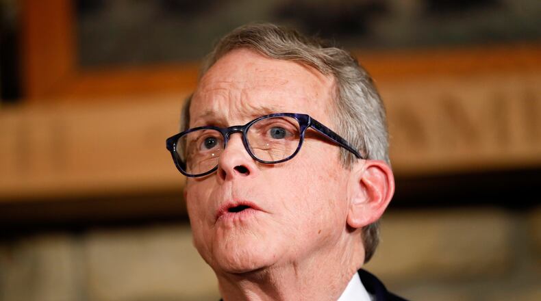 FILE - Mike DeWine speaks, Jan. 14, 2019, in Cedarville, Ohio. (AP Photo/John Minchillo, Pool, File)