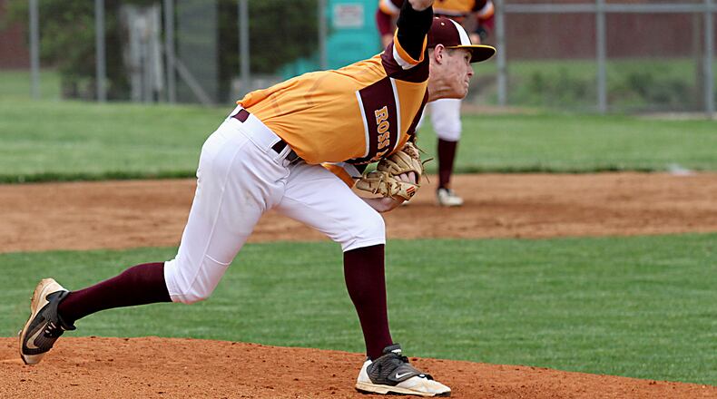 Contributed photo by E.L. Hubbard Ross starting pitcher Thomas House delivers a pitch to Eaton during their Division II sectional baseball game at Ross Thursday, May 11, 2017.
