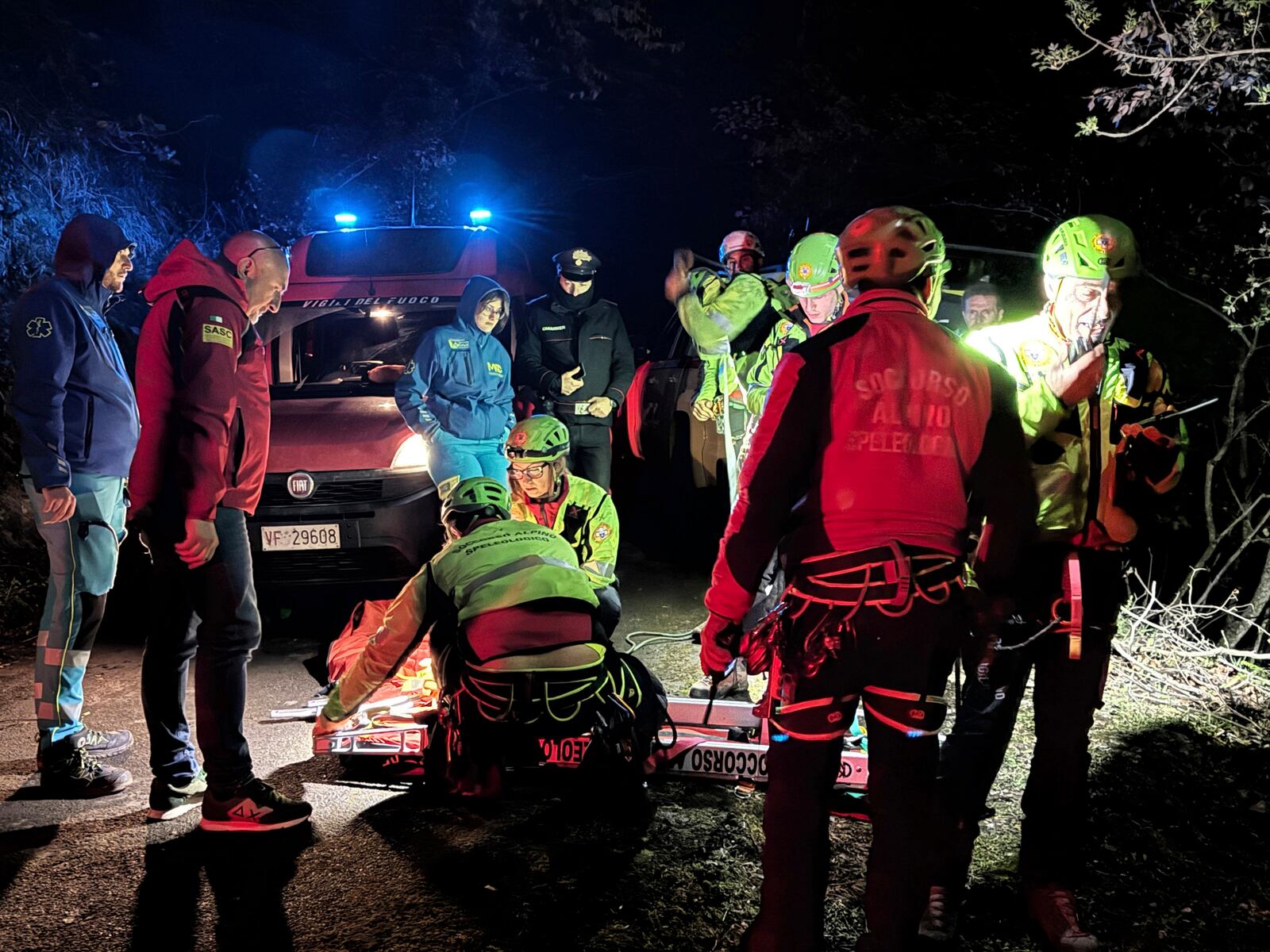 Rescuers on the site where a cable car carrying tourists south of Naples has crashed after the cable snapped, killing at least four people and injuring one in Castellamare di Stabia, near Naples, Italy, Thursday, April 17, 2025. (Alessandro Garofalo/LaPresse via AP)