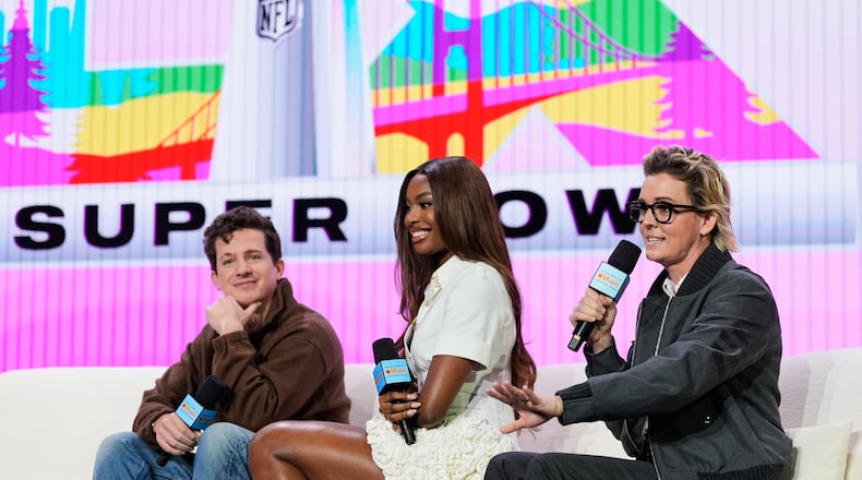 From left; Charlie Puth, Coco Jones and Brandi Carlile – who will perform the national anthem, "Lift Every Voice," and "America the Beautiful" respectively – speak during a news conference, Thursday, Feb. 5, 2026, in San Francisco ahead of the NFL Super Bowl 60 football game between the Seattle Seahawks and the New England Patriots. (AP Photo/Godofredo A. Vásquez)