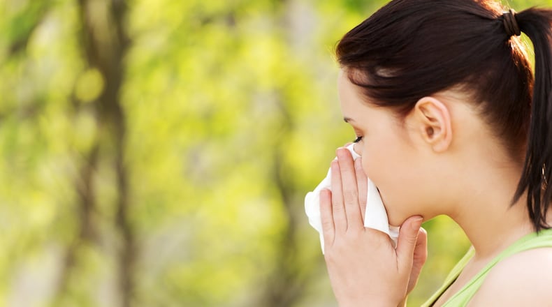 The most common symptoms include sneezing, coughing, nasal congestion, itchy or runny nose, watery or itchy eyes, itchy throat, wheezing, itchy skin and hives. CONTRIBUTED