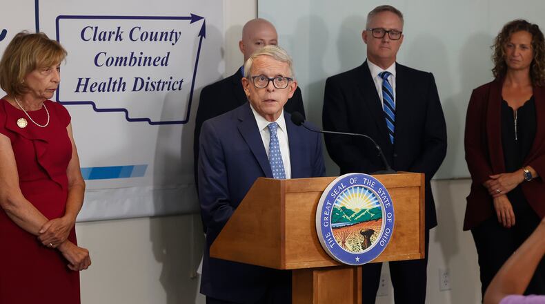Governor Mike DeWine talks about the new Mobile Health Unity the state is letting Clark County use to keep up with the county's growing population's health care needs. BILL LACKEY/STAFF