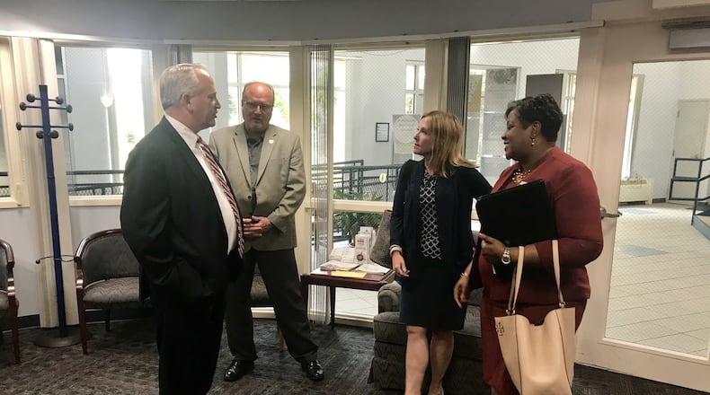 Ohio Auditor of State Keith Faber visited Clark State Community College to discuss college affordability with Clark State President Jo Alice Blondin and other staff members.