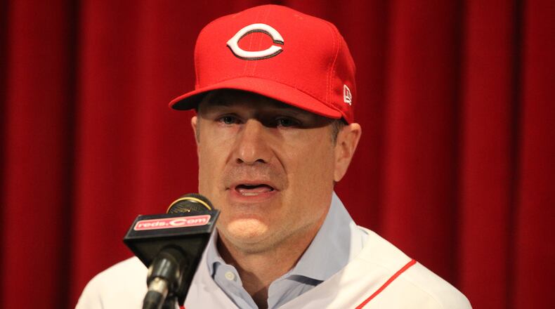 New Reds manager David Bell speaks in a press conference at Great American Ball Park on Monday, Oct. 22, 2018, in Cincinnati. David Jablonski/Staff
