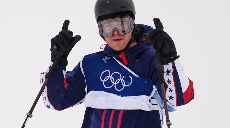 United States' Hunter Hess reacts during the men's freestyle skiing halfpipe qualifications at the 2026 Winter Olympics, in Livigno, Italy, Friday, Feb. 20, 2026. (AP Photo/Julia Demaree Nikhinson)