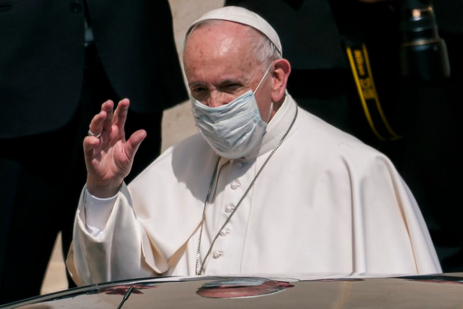 FILE - Pope Francis, wearing a protective face mask to help curb the diffusion of COVID-19, leaves at the end of his weekly open-air general audience in the San Damaso courtyard at the Vatican, Wednesday, June 16, 2021. (AP Photo/Domenico Stinellis, file)