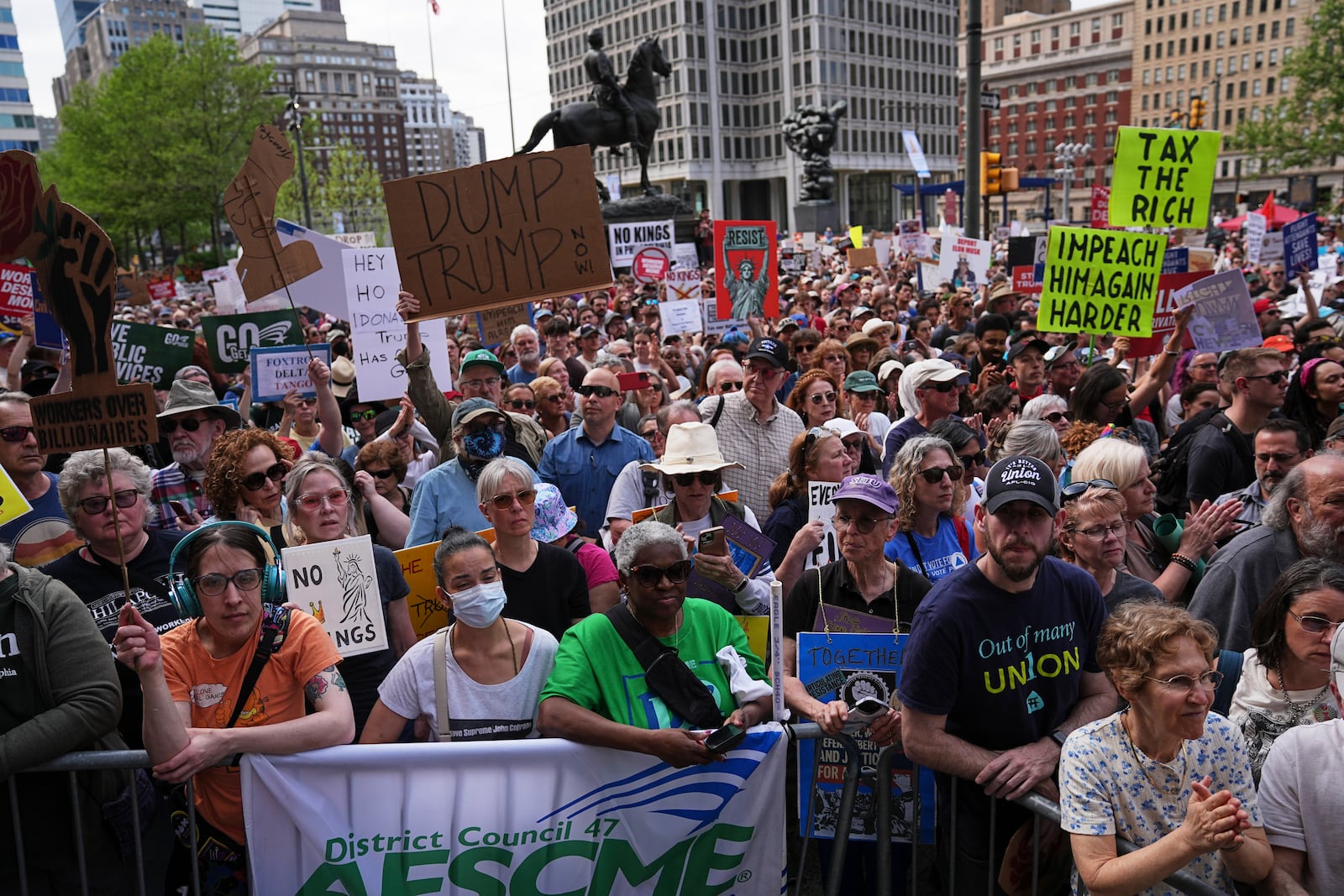 Protesters demonstrate during a May Day rally in Philadelphia, Thursday, May 1, 2025. (AP Photo/Matt Rourke)