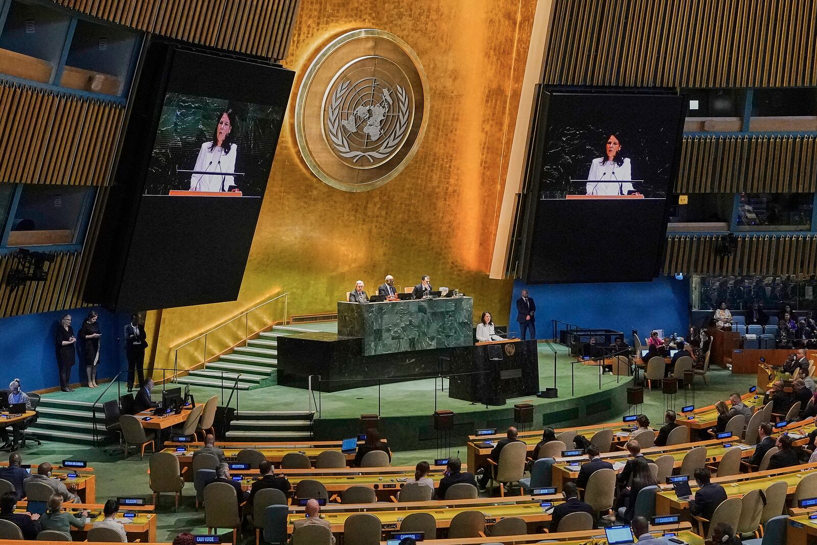 Annalena Baerbock of Germany addresses the United Nations General Assembly after she was elected as president of the 80th session of the body, Monday, June 2, 2025. (AP Photo/Richard Drew)