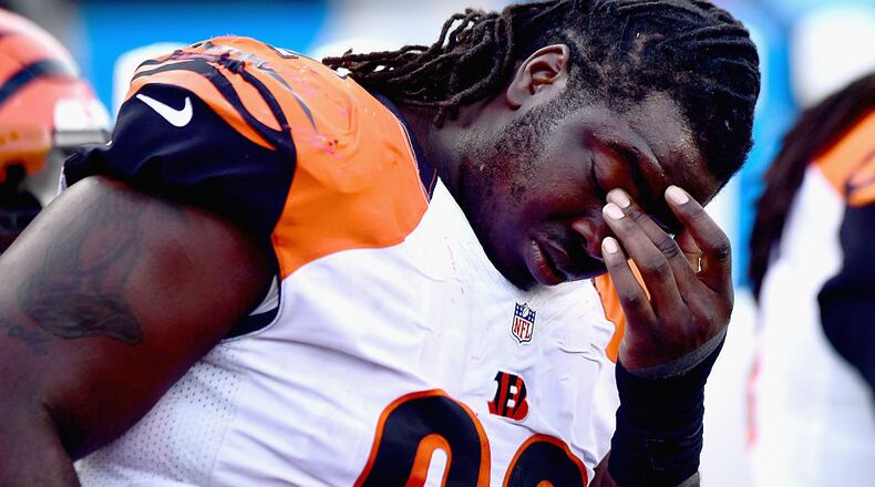 FOXBORO, MA - OCTOBER 16: Pat Sims #92 of the Cincinnati Bengals reacts during the fourth quarter of a game against the New England Patriots at Gillette Stadium on October 16, 2016 in Foxboro, Massachusetts. (Photo by Billie Weiss/Getty Images)