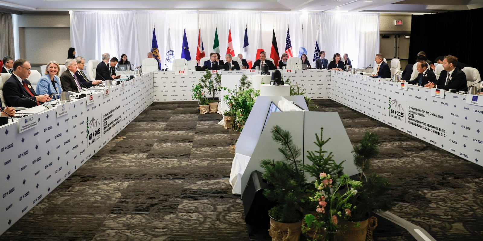 The G7 Finance Ministers attend their meeting in Banff, Alberta, Wednesday, May 21, 2025. (Jeff McIntosh/The Canadian Press via AP)