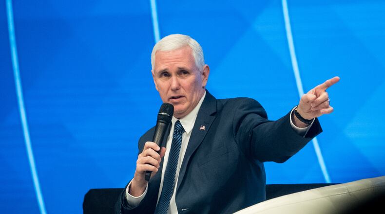 Vice President Mike Pence attends a morning service at the Church By the Glades in Coral Springs, Fla., on Sunday, Mar. 19, 2017. (Michael Ares / The Palm Beach Post)