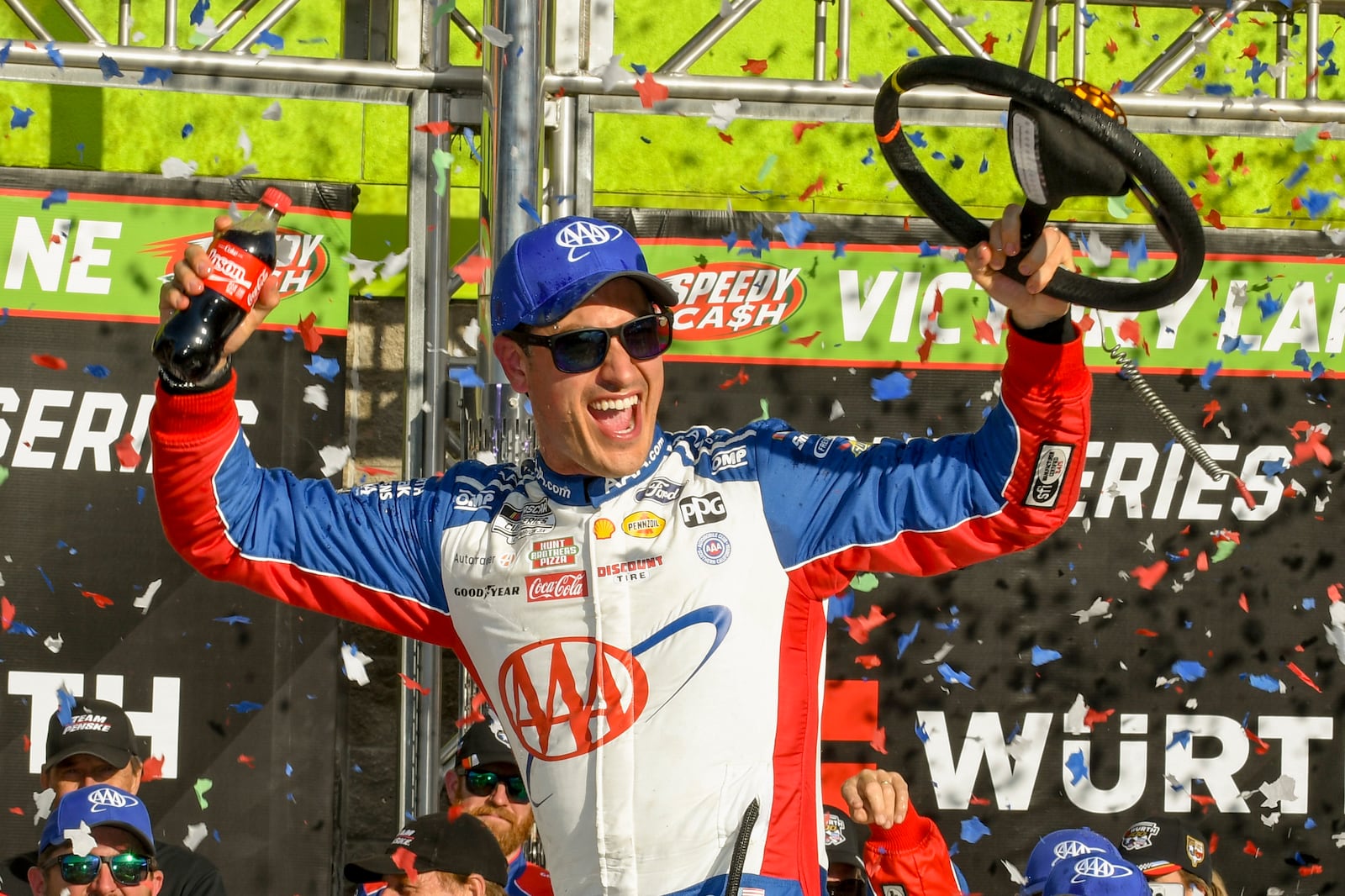 Joey Logano celebrates after winning a NASCAR Cup Series auto race at Texas Motor Speedway in Fort Worth, Texas, Sunday, May 4, 2025. (AP Photo/Randy Holt)