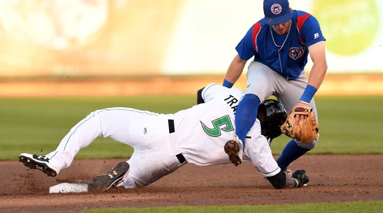 Taylor Trammell of the Dragons slides to avoid South Bend’s Zack Short during Wednesday night’s game that was delayed an hour at the start by a power outage at Fifth Third Field. It wasn’t until nearly midnight that the Dragons got the final out of a 9-8 Midwest League win. NICK FALZERANO / CONTRIBUTED