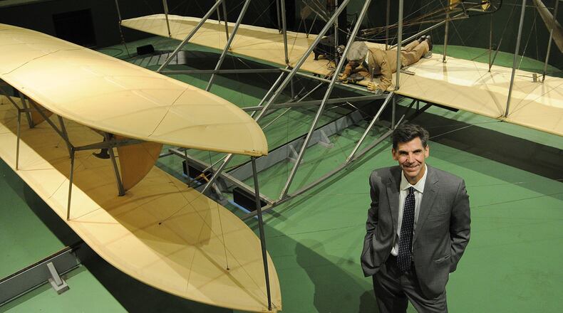 Brady Kress President & CEO of Carillon Historical Park, stands with the 1905 Wright Flyer III: the only airplane designated a National Historic Landmark, the first practical flying machine, and what the Wright brothers considered their most important aircraft. MARSHALL GORBY\STAFF