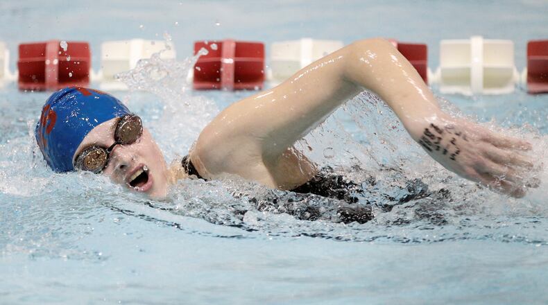 A Northwestern student swims during a swim meet at Wittenberg University. Staff Photo