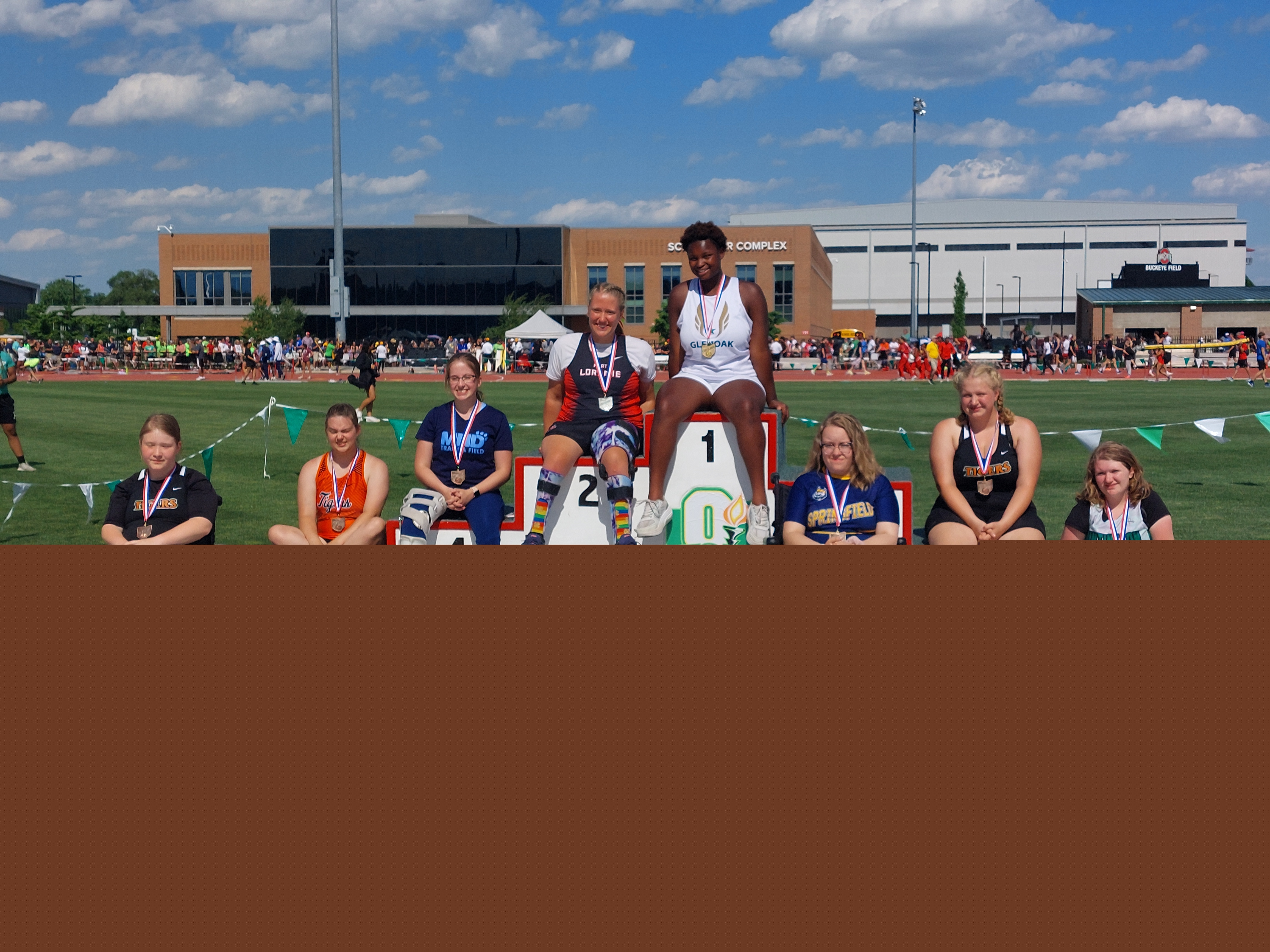 Springfield's Jadyn Marstella, third from right, poses with the other medalists in the seated wheelchair division at the state meet on Friday, June 3, 2022, at Jesse Owens Memorial Stadium. Contributed photo