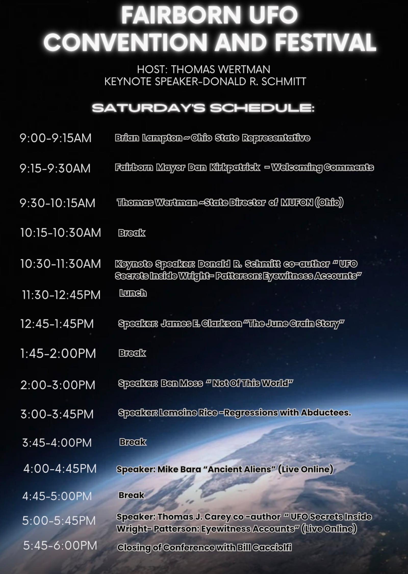 The Fairborn UFO Conference and Festival 2025 will be held at various venues across Fairborn and Yellow Springs. Contributed