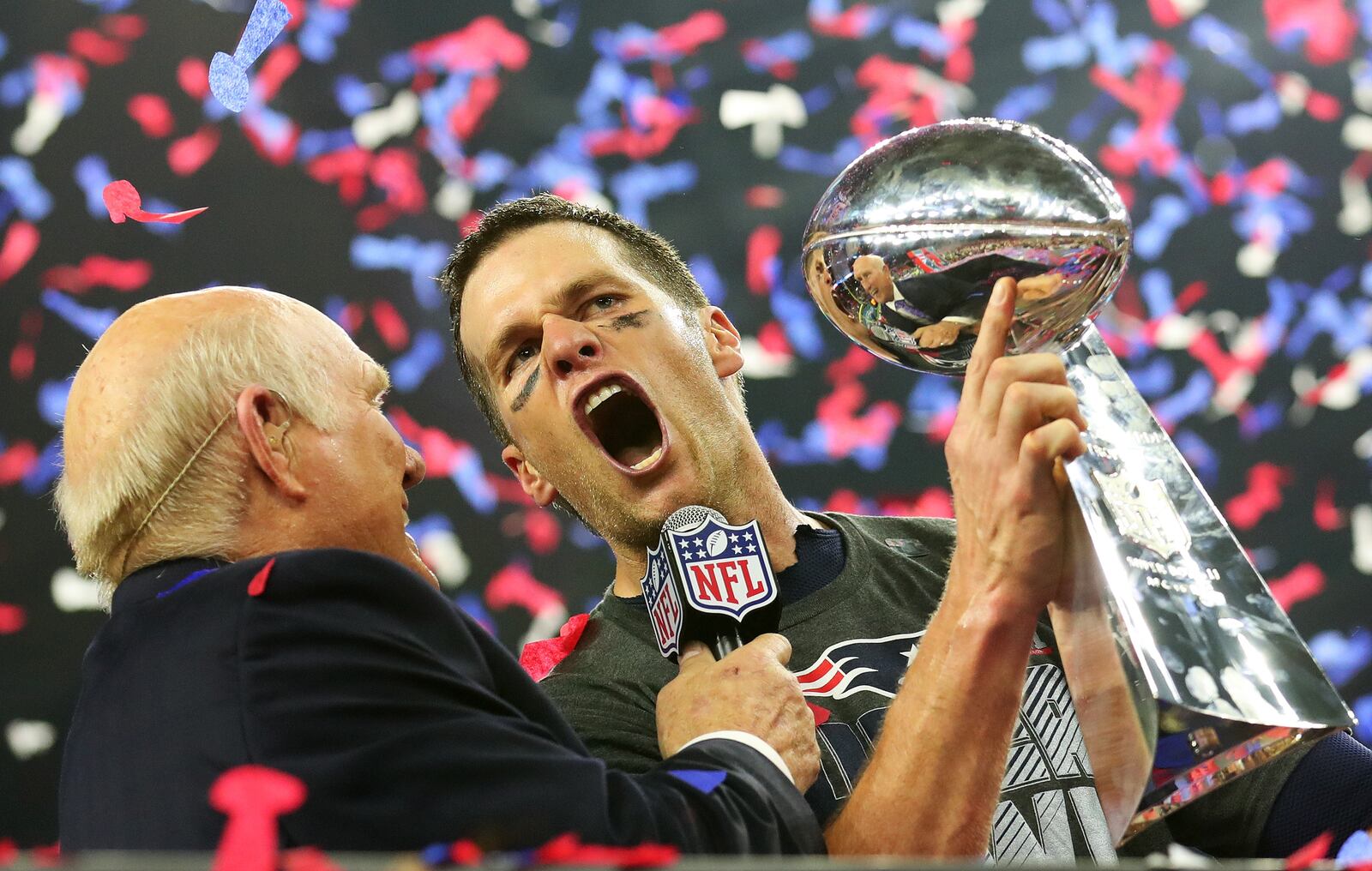 HOUSTON, TX - FEBRUARY 05: Tom Brady #12 of the New England Patriots holds the Vince Lombardi Trophy after defeating the Atlanta Falcons 34-28 in overtime during Super Bowl 51 at NRG Stadium on February 5, 2017 in Houston, Texas. (Photo by Tom Pennington/Getty Images)