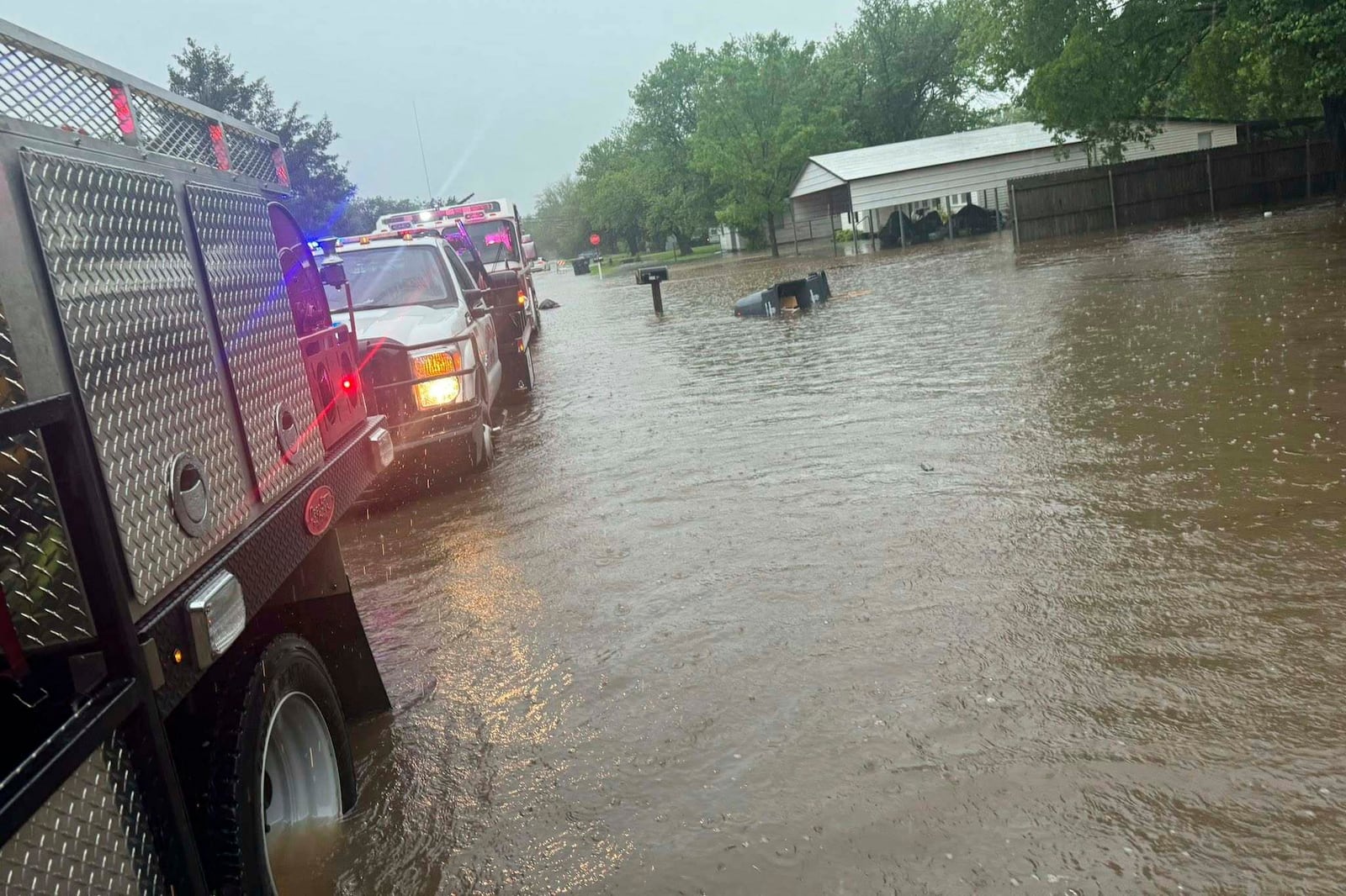 This photo provided by the Lexington Fire Department shows flooding in Lexington, Okla., Wednesday, April 30, 2025. Several people were evacuated from their homes due to flooding. (Trenton Mitchell/Lexington Fire Department via AP)