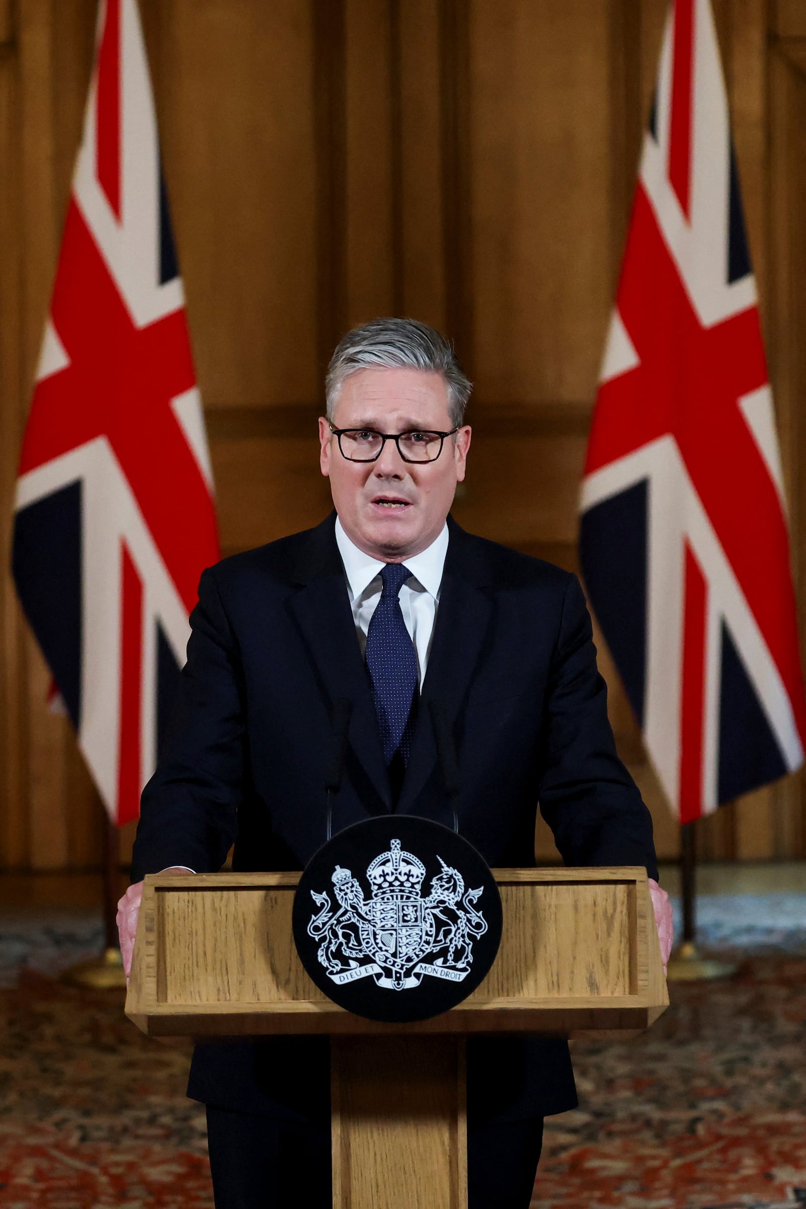 Britain's Prime Minister Keir Starmer delivers a statement inside No. 10 Downing Street on the day the cabinet was recalled to discuss the situation in Gaza, in London, Tuesday, July 29, 2025. (Toby Melville, Pool Photo via AP)
