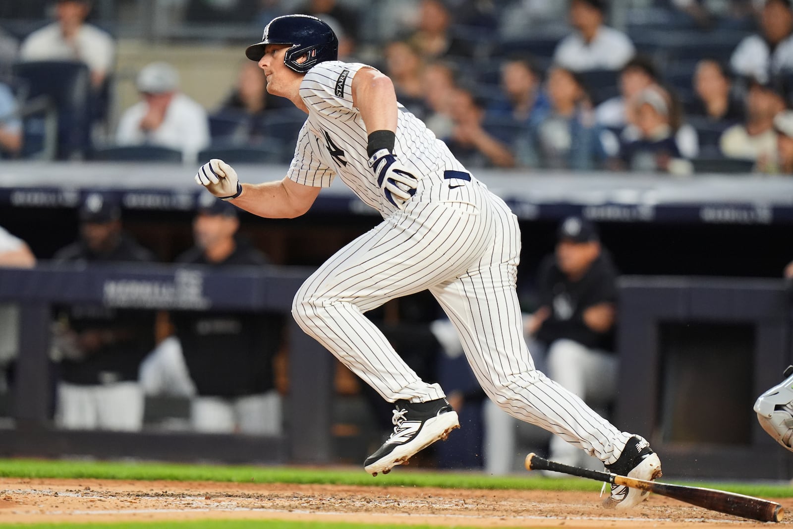 New York Yankees' DJ LeMahieu runs to first base for an RBI single during the fourth inning of a baseball game against the Athletics Friday, June 27, 2025, in New York. (AP Photo/Frank Franklin II)