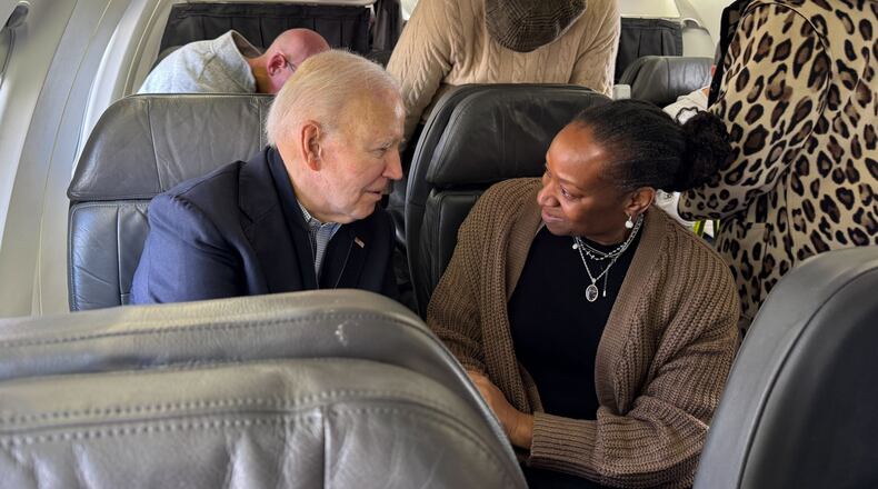President Joe Biden is seen on a plane before takeoff traveling from Washington to South Carolina, Friday, Feb. 27, 2026, in Washington. (AP Photo/Meg Kinnard)