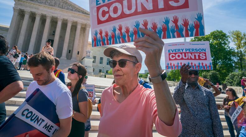 Immigration activists rally outside the Supreme Court as the justices hear arguments over the Trump administration's plan to ask about citizenship on the 2020 census, in Washington, April 23, 2019. (AP Photo/J. Scott Applewhite, File)