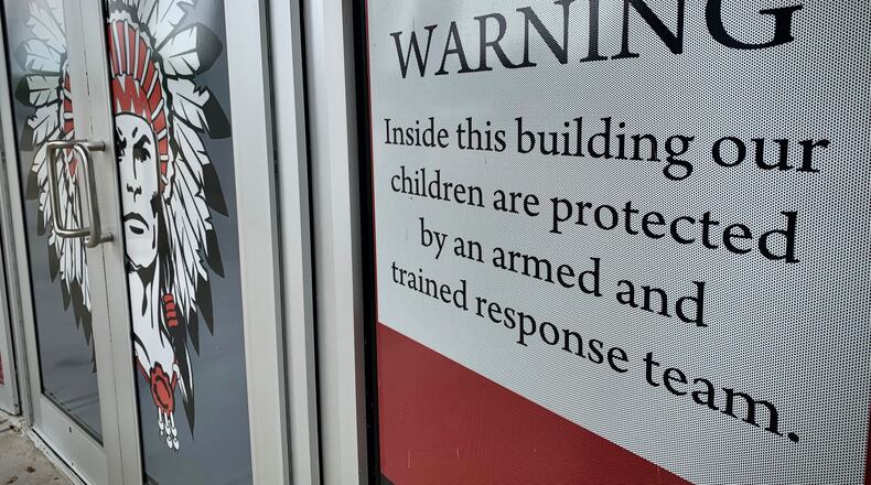 The warning sign you see entering Stebbins High School. Mad River School district staff members volunteered to be a armed and trained response team and were approved by the district administrators as well as law enforcement. MARSHALL GORBY\STAFF