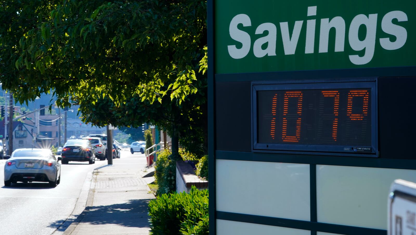 FILE - A display at an Olympia Federal Savings branch shows a temperature of 107 degrees Fahrenheit, Monday, June 28, 2021, in the early evening in Olympia, Wash. (AP Photo/Ted S. Warren, File)
