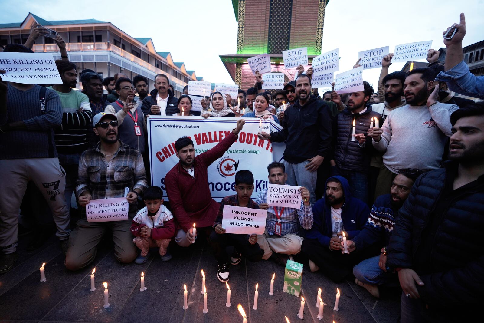 People participate during a candlelight protest after tourists were killed in Srinagar, Indian controlled Kashmir, Wednesday, April. 23, 2025. (AP Photo/Mukhtar Khan)