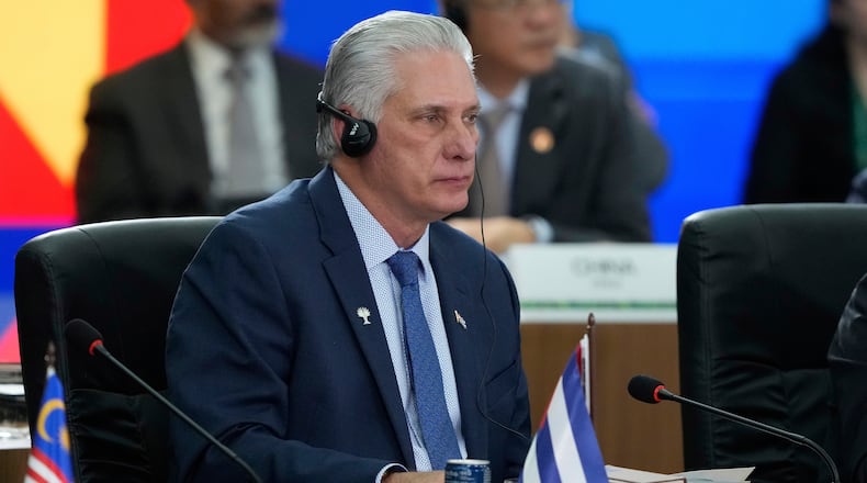 FILE - Cuba's President Miguel Diaz-Canel attends the 17th annual BRICS summit in Rio de Janeiro, July 6, 2025. (AP Photo/Eraldo Peres, File)