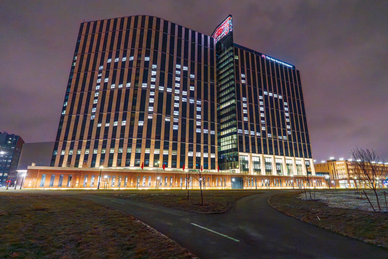 Volunteers lit up 88 patient rooms to create the famous "Script Ohio" across the new Ohio State University Hospital in Columbus. CONTRIBUTED BY OSU WEXNER MEDICAL CENTER