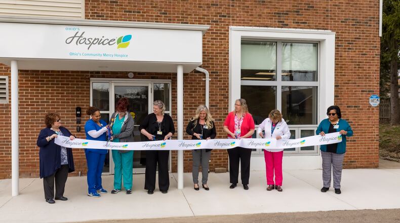 Ohio’s Community Mercy Hospice held a ribbon cutting ceremony to celebrate the  grand opening of its new office location on Wednesday, March 30, at 1830  N. Limestone St. in Springfield. Pictured from left to right are: Kim Vesey, Vashawna Cooper, Caroline Menda, Carrie Shapiro, Melissa Blosser, Melissa Studebaker, and Yvonne Turner. Contributed