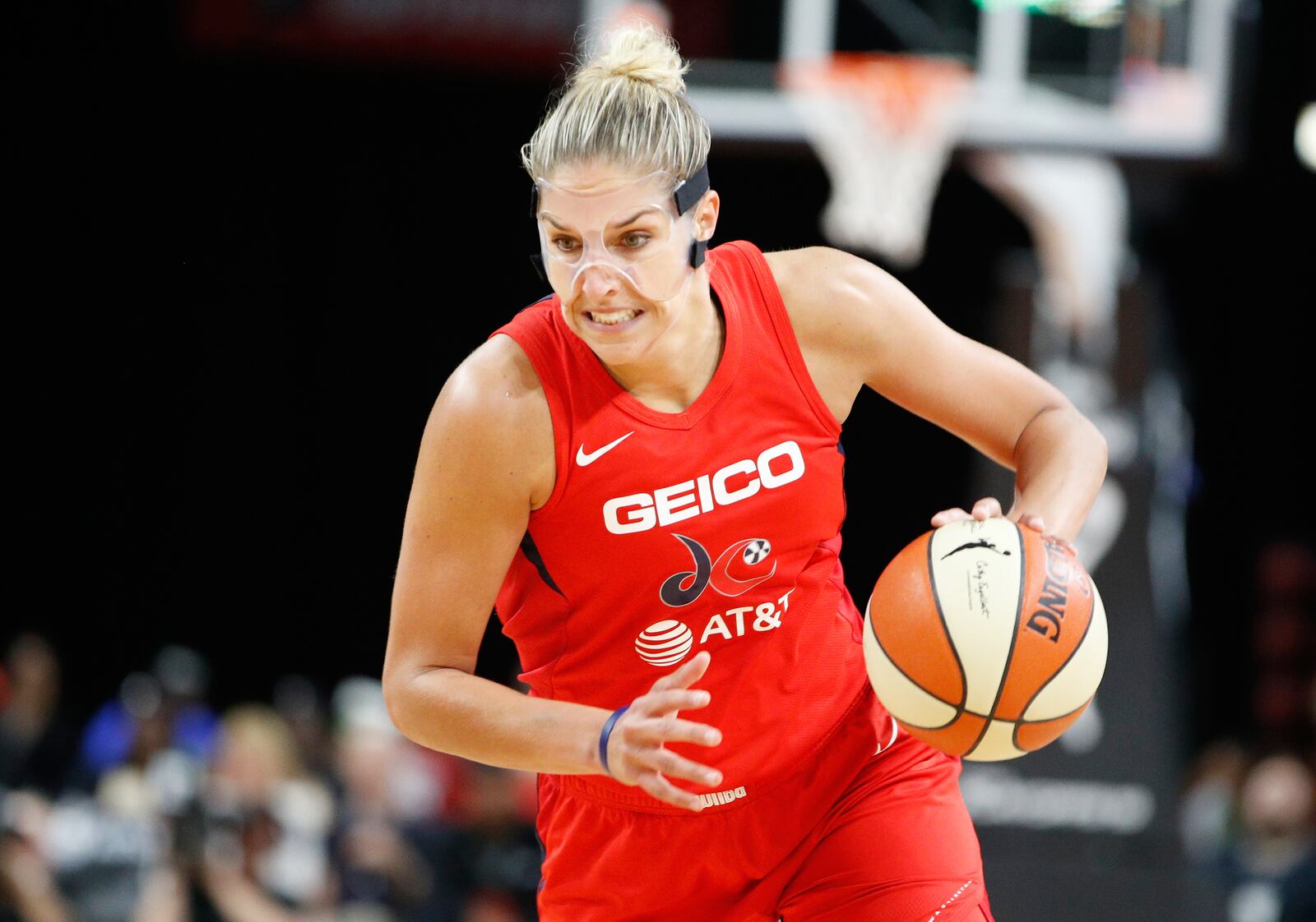 FILE - Washington Mystics' Elena Delle Donne drives up the court against the Las Vegas Aces during the second half of Game 3 of a WNBA playoff basketball series Sunday, Sept. 22, 2019, in Las Vegas. (AP Photo/John Locher, File)