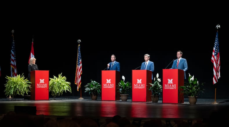 The Ohio U.S. Senate Republican candidates debate on Wednesday, March 6, 2024 at Miami University's Gates-Abegglen Theatre in the Center for Performing Arts in Oxford. Left to right: WLWT News 5 anchor Sheree Paolello was moderator for event with candidates Bernie Moreno, Matt Dolan and Frank LaRose. Pool photo