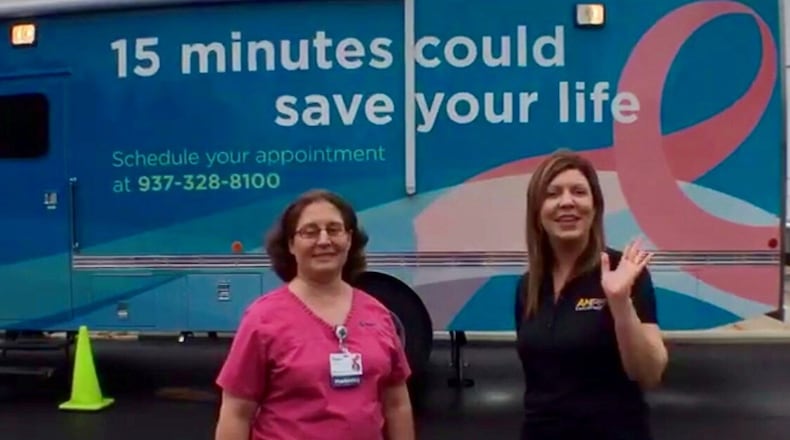 Dawn Naill, left, and Leslie Leibold, are doing a Facebook Live video at the screening event at Leibold’s workplace where Leibold got her first mammogram. (Source: Hardmediagroup.com)