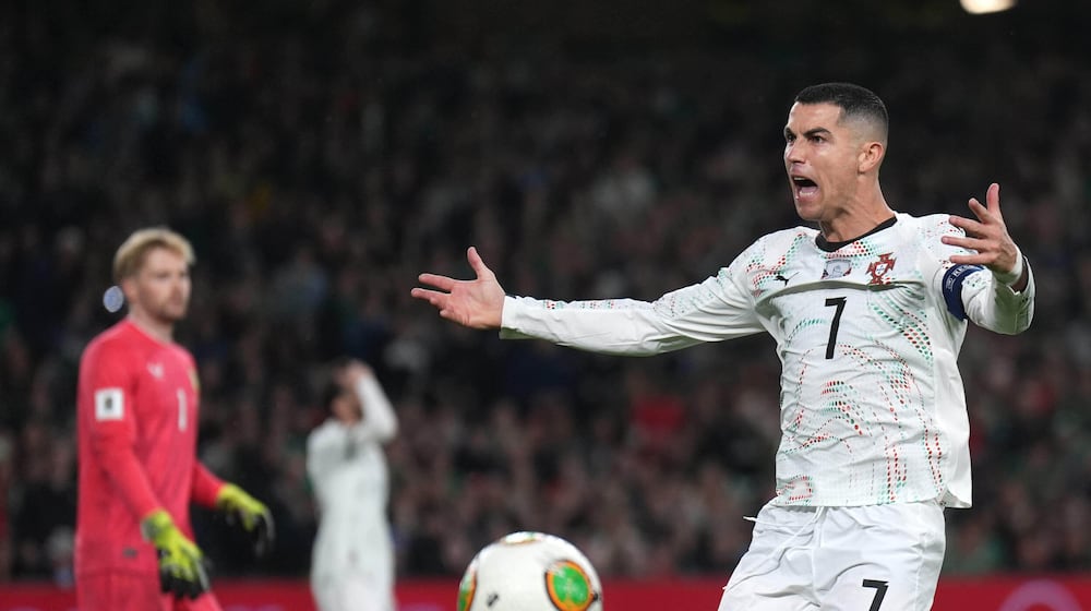 Portugal's Cristiano Ronaldo reacts during a World Cup 2026 group F qualifying soccer match between Ireland and Portugal in Dublin, Thursday, Nov. 13, 2025. (Niall Carson/PA via AP)
