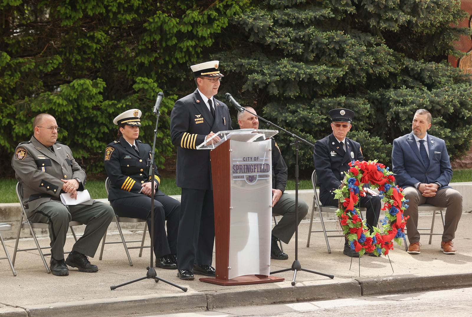 Springfield fire chief Jacob King speaks during Public Safety Forces Day on Friday, May 2, 2025, near the Clark County Public Safety Memorial. JOSEPH COOKE/STAFF