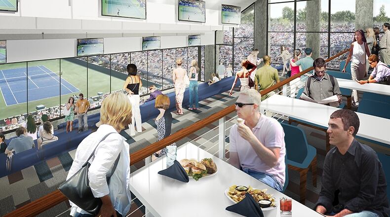 The second floor restaurant and bar, which opens up to cascading indoor, air-conditioned box seats, presumed to be the first in professional tennis. The extra-wide, 252 stadium seats sit behind glass and have access to the adjoining restaurant and bar. CONTRIBUTED