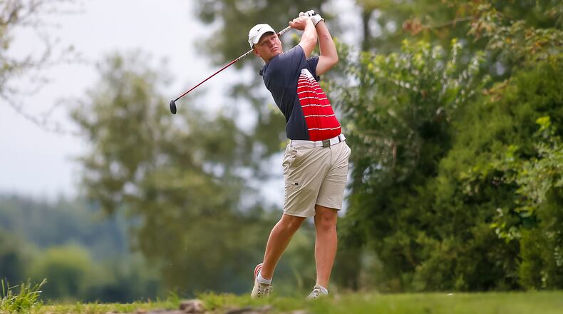 Greenon High School junior Griffin Turner tees off during a match against Mechanicsburg on Aug. 4 at Locust Hills Golf Course. CONTRIBUTED PHOTO BY MICHAEL COOPER