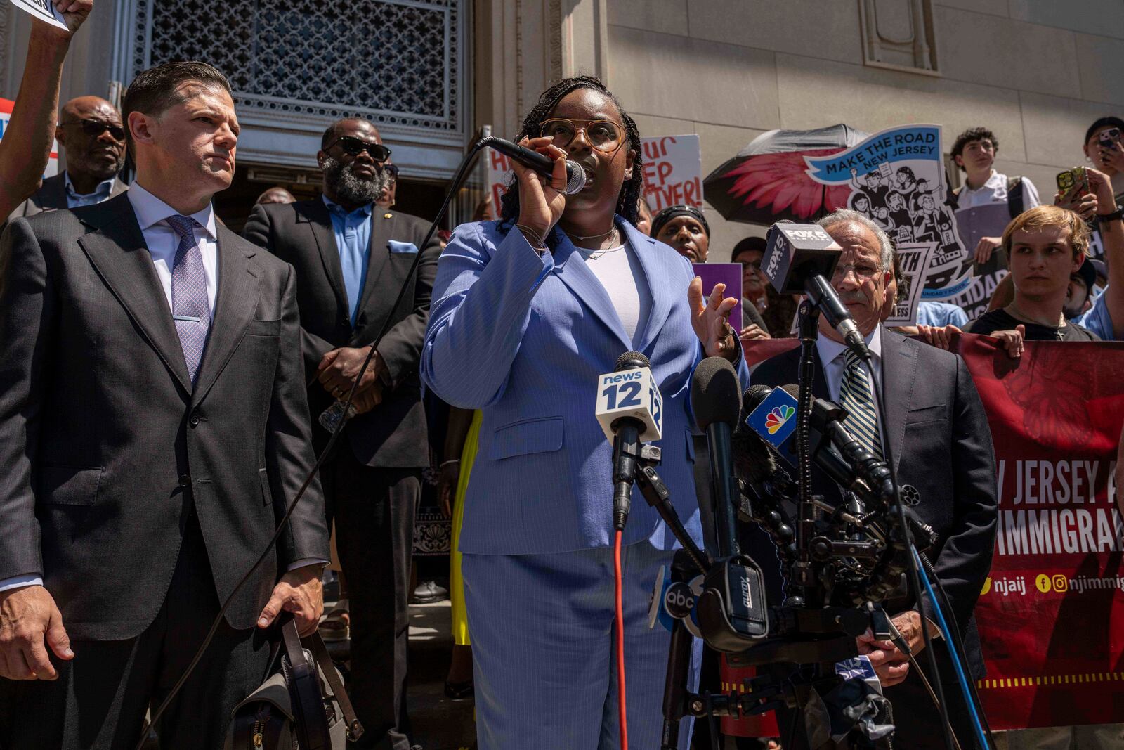 Rep. LaMonica Mclver (D-10th) speaks during a press conference with her supporters outside a federal court Wednesday, June 25, 2025, in Newark, N.J. (AP Photo/Yuki Iwamura)