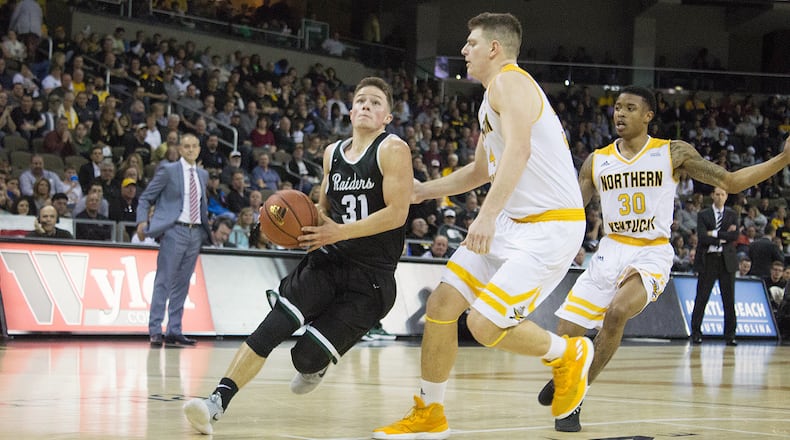 Wright State’s Cole Gentry drives to the basket during the Raiders’ 84-81 win at NKU on Jan. 11. ALLISON RODRIGUEZ/CONTRIBUTED PHOTO